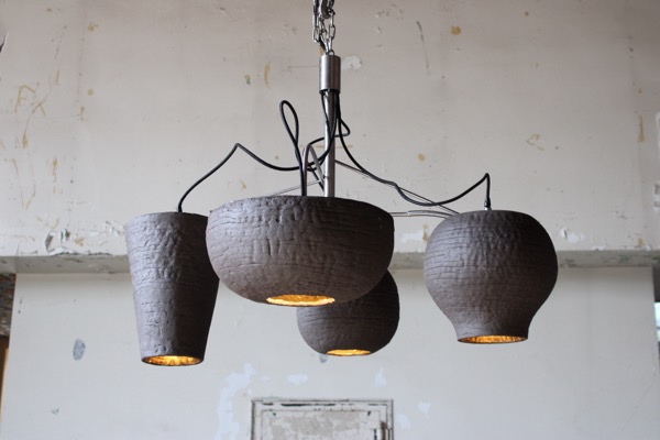 Baralaye / Fay Chandelier by Ebitenyefa Baralaye, stainless steel, stoneware, glaze, chain,
